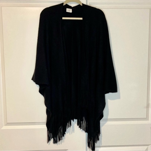 Worthington Black Open Front Poncho Cape w/ Fringe Hem Detail One Size Fits All - Picture 1 of 5